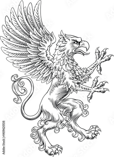 Griffin or gryphon heraldry coat of arms or family crest medieval shield style heraldic animal. In a vintage woodcut style.