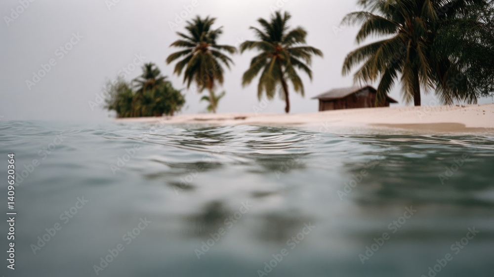 Fototapeta premium A peaceful beach landscape portrays palm trees and a cabin by the shore, where gentle waves meet the pristine sands under an overcast sky.