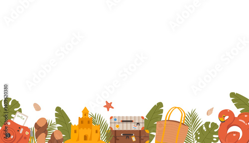 Banner with travel and tourism elements. Colorful trip objects, palm tree and leaves, suitcase, flamingo swimming ring and space for text. Summer vacation background. Colorful flat vector illustration