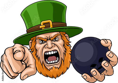 An angry Leprechaun Celtic Irish cartoon character holding Bowling ball and pointing sports team mascot illustration.