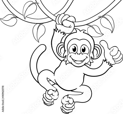 A monkey cartoon character singing on jungle vines and giving a thumbs up