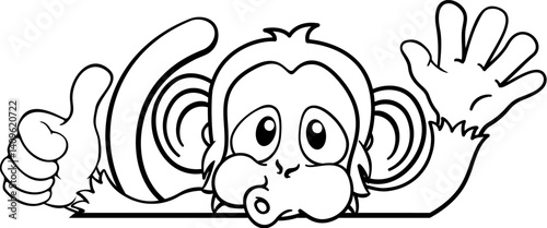 A monkey cartoon character animal peeking over a sign waving and giving a thumbs up