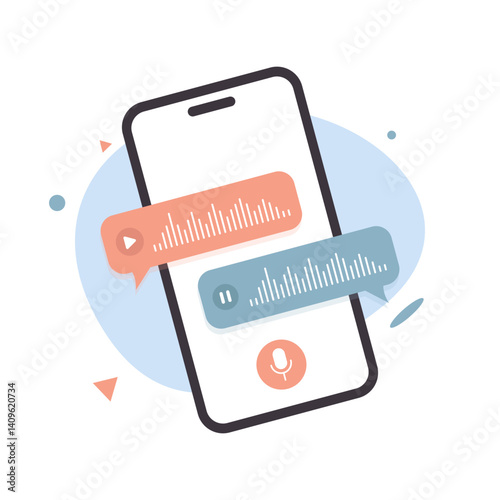 Smartphone with Voice Messages and Audio Chat Bubbles, Microphone Button On Screen, Online Chat Vector