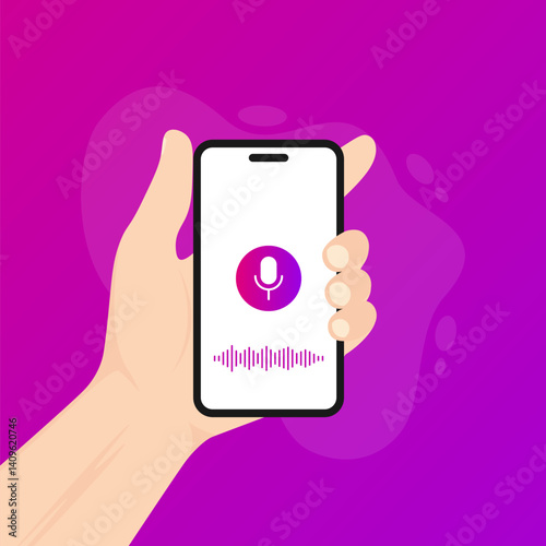 Hand Holding Smartphone with Voice Recognition Sound Wave Interface Vector Illustrations