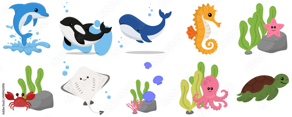 Naklejka premium Set of ocean day illustration. Marine life, sea animal, dolphin, octopus, whale, crab, starfish, manta, orca vector isolated