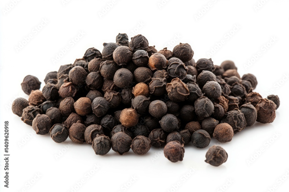 Black peppercorns pile on white background. Artificial Intelligence image Black peppercorns pile on white background. Artificial Intelligence image