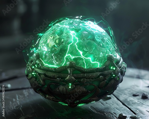 An ancient AI-enhanced jade amulet pulsating with bio-luminescent green energy