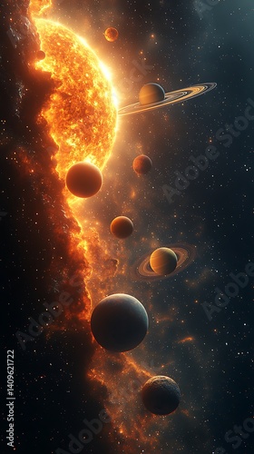 Cosmic Sun Phone Wallpaper Fiery Sun with Planets and Ringed Planet Against Starry Background | Galactic Design

