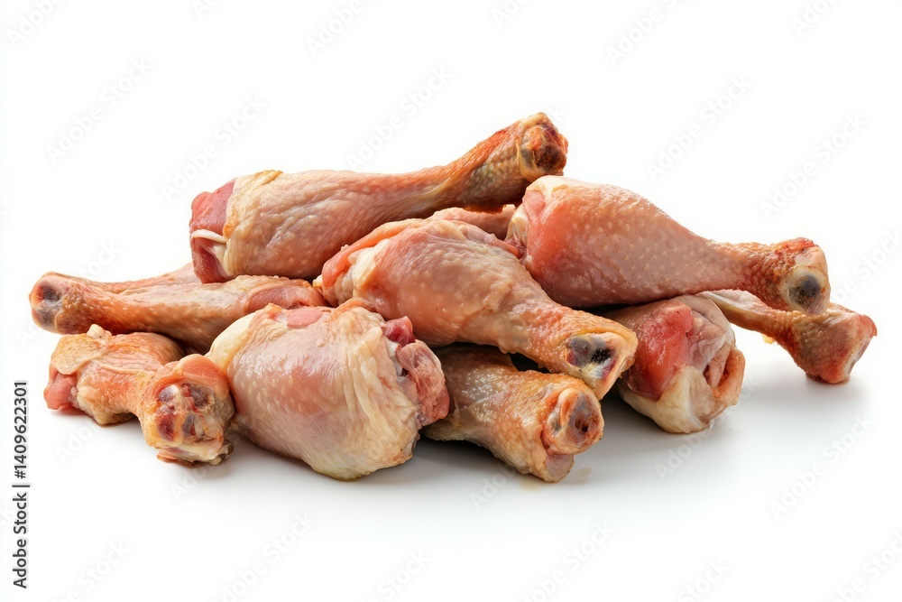 Raw chicken drumsticks pile on white background. Artificial Intelligence image Raw chicken drumsticks pile on white background. Artificial Intelligence image