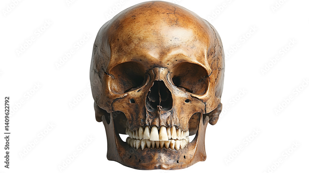 Fototapeta premium Human skull front view isolated on white background, HD and realistic