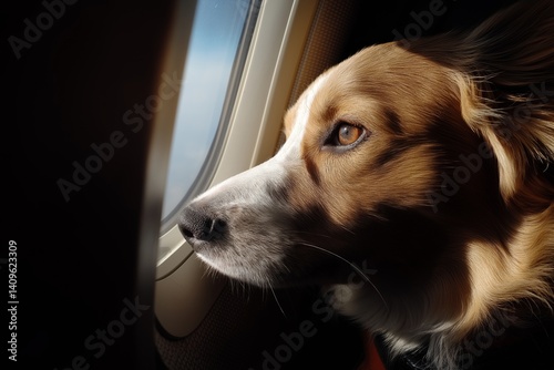 dog looking out airplane window close-up with sunlight on face, travel pet experience, animal companionship during flight, attentive canine exploring new views, air travel emotions photo
