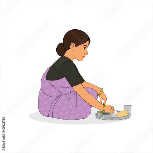 Indian Woman Sitting and Eating Food in Traditional Saree