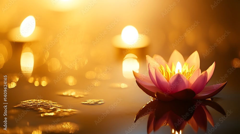 A vibrant Vesak Day theme with a glowing lotus flower and serene candlelight on a soft golden background, macro shot, Minimalist style