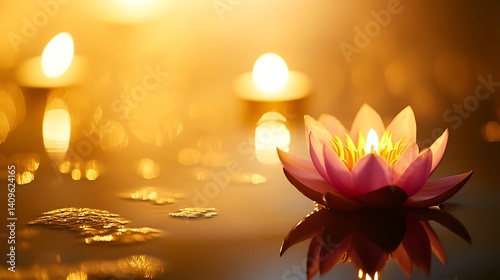 Obraz na płótnie A vibrant Vesak Day theme with a glowing lotus flower and serene candlelight on a soft golden background, macro shot, Minimalist style w salonie