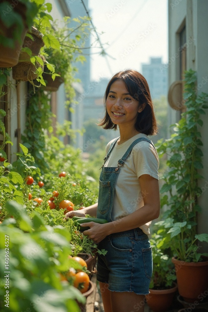 Fototapeta premium ontent Young Woman Enjoying Her Beautiful Balcony Garden with Ripe Tomatoes, Finding Joy and Relaxation in Her Urban Oasis