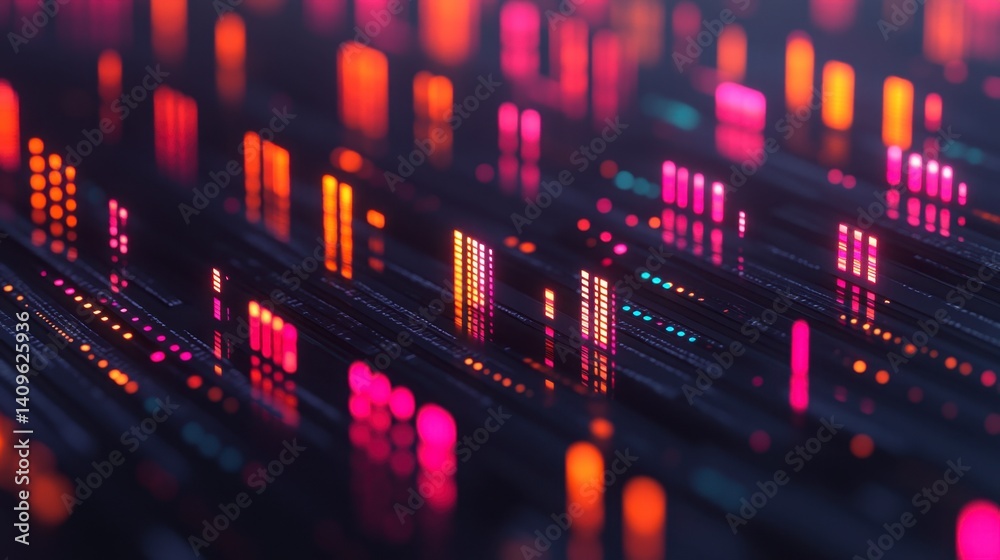 Obraz premium Abstract digital background with glowing pink, orange, and red lines and dots on a dark background.