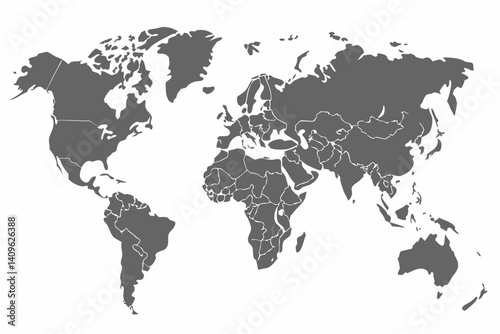 Detailed Vector Grayscale Silhouette Political World Map Outline of Continents Countries Borders Global Geography Travel Guide
