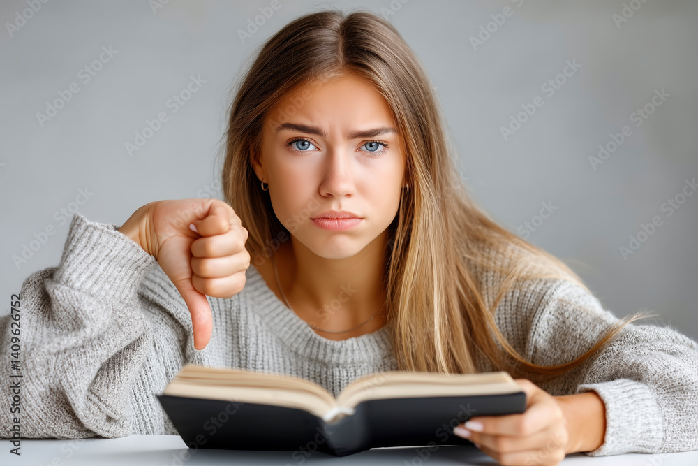 Disappointed Woman Showing Thumbs Down While Reading a Book - World Book Day Disappointed Woman Showing Thumbs Down While Reading a Book - World Book Day