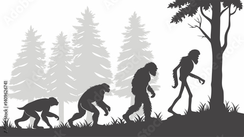 Human Evolution Stages - Ape to Man Silhouette Graphic Illustration