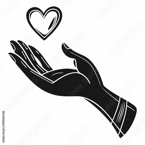 Hand Reaching Heart Black and White Illustration Graphic Art
