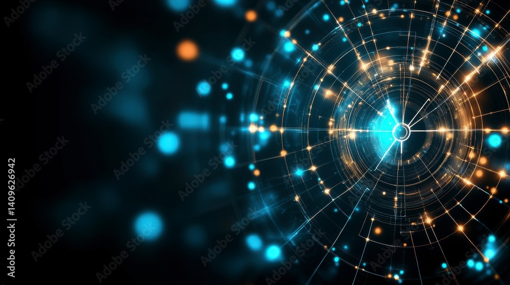 Abstract background with glowing particles and lines in blue, orange, and gold, creating a sense of depth and movement. Abstract background with glowing particles and lines in blue, orange, and gold, creating a sense of depth and movement.