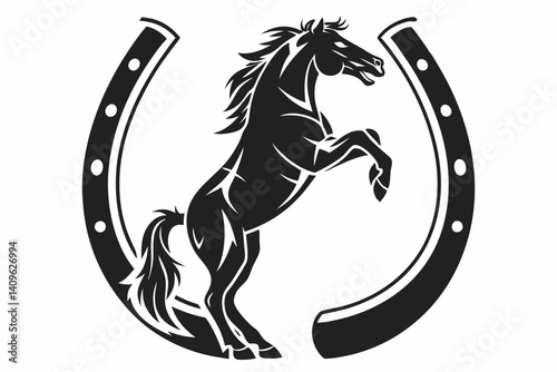 Black Rearing Horse Horseshoe Vector Logo Emblem - Equestrian Graphic Illustration