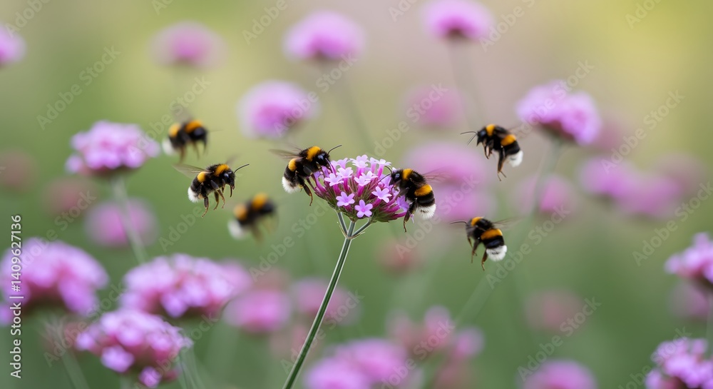 Bumblebees in Flight Amidst a Field of Blooming Purple Flowers Bumblebees in Flight Amidst a Field of Blooming Purple Flowers