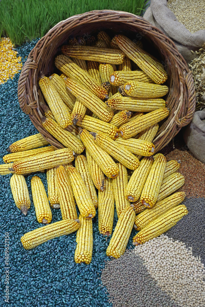 Big Bunch of Maize Corn Ears Cobs in Basket