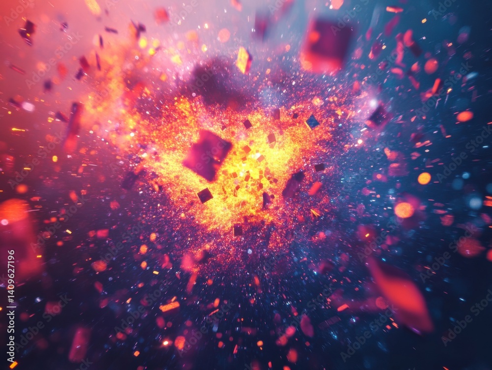 Vibrant particle explosion transitioning into pixelated shapes and glowing symbols Vibrant particle explosion transitioning into pixelated shapes and glowing symbols