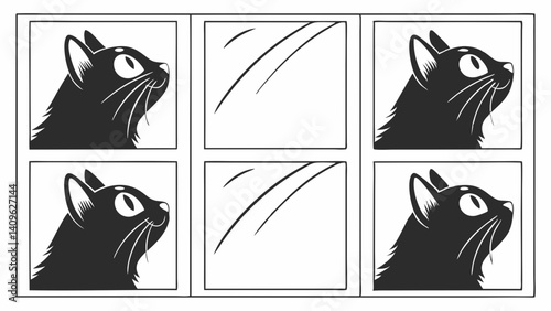 Black Cat Head Looking Out Window Cartoon 6 Panel Grid Illustration