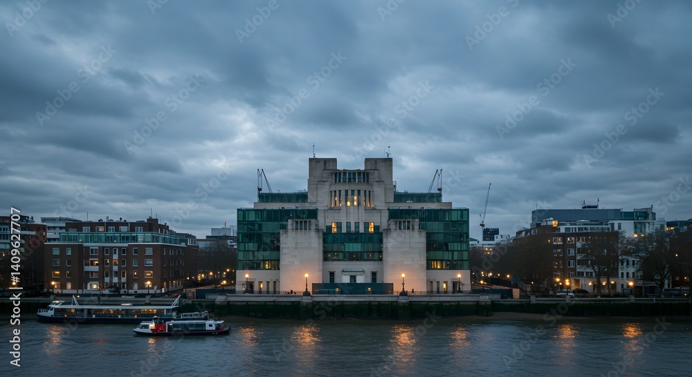Naklejka premium City Building on River at Dusk with Dramatic Cloudy Sky