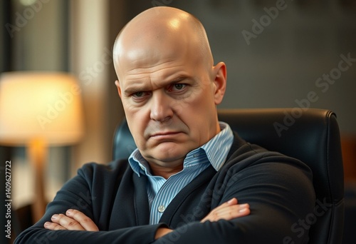 Bald man with scowl and crossed arms