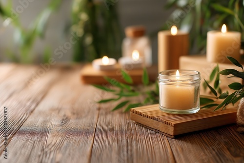 scented candles burning on wooden surface surrounded by green leaves and soft natural light creating cozy and relaxing atmosphere for home decor and wellness inspiration photo
