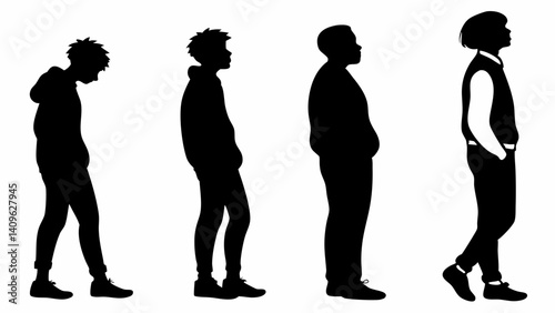 Black Full Body Silhouette Human Figures of Four People Standing in Line Profile