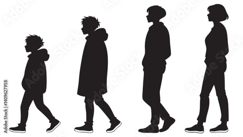 Black Vector Silhouettes of Diverse People Walking Life Stages
