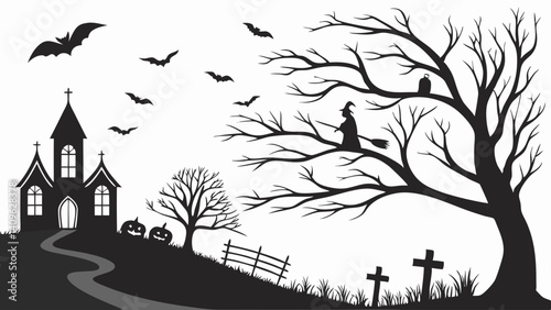 Spooky Halloween Witch Bats Haunted Tree Church Graves Pumpkins Silhouette