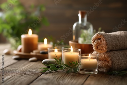 spa relaxation setting with burning candles and rolled towels on rustic wooden surface creating warm cozy ambiance for wellness, aromatherapy, self-care, and calm mindfulness moments