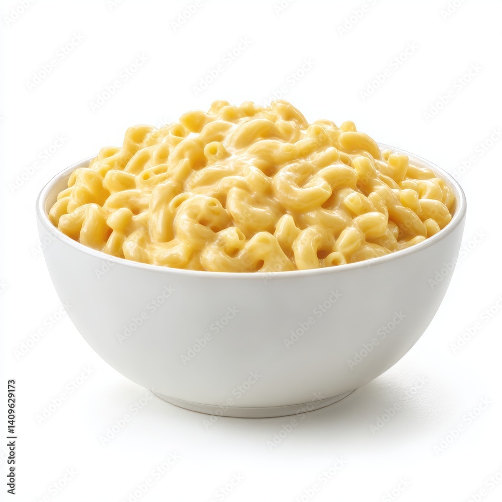 A white bowl filled with macaroni and cheese on a plain white surface top A white bowl filled with macaroni and cheese on a plain white surface top