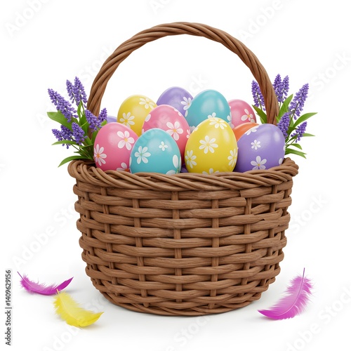 Easter Basket with Colorful Eggs Flowers and Feathers