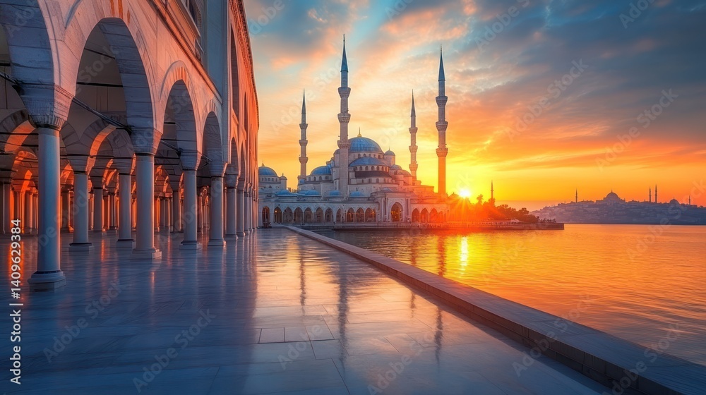 Fototapeta premium Sunset Mosque, Istanbul, Turkey, Reflection, Travel