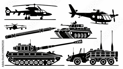 Black Vector Army Vehicle Silhouettes: Tanks Helicopters Missile Launcher Truck - Military Graphics