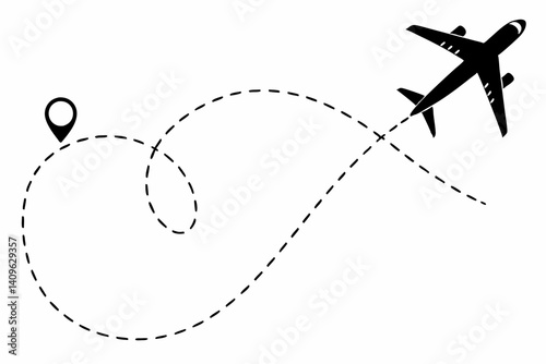 Black and White Vector Airplane Flight Path Graphic - Travel Journey Route from Location Pin Icon