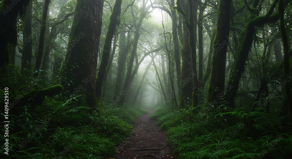 Misty Mossy Forest Path: An Enchanting Nature Scene Misty Mossy Forest Path: An Enchanting Nature Scene
