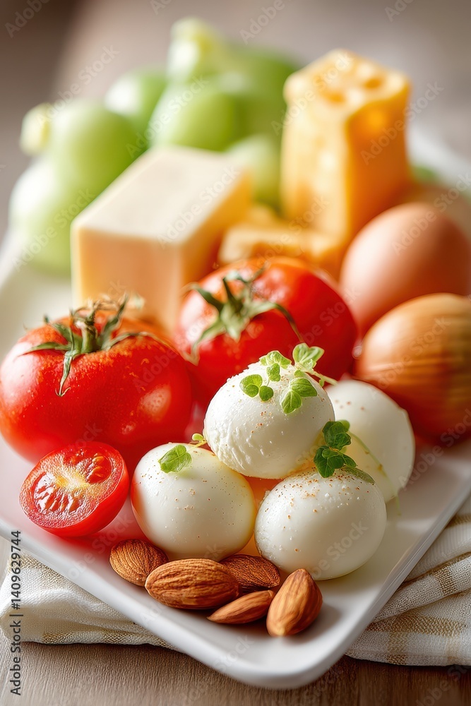 A vibrant assortment of fresh produce, including tomatoes, cheese, eggs, and almonds, arranged on a white plate for a visually appealing display. A vibrant assortment of fresh produce, including tomatoes, cheese, eggs, and almonds, arranged on a white plate for a visually appealing display.