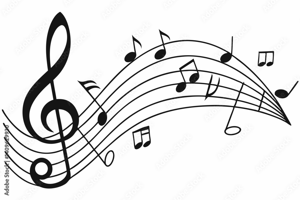 Black and White Illustration of Musical Notes and Treble Clef on Wavy Staff Lines Black and White Illustration of Musical Notes and Treble Clef on Wavy Staff Lines