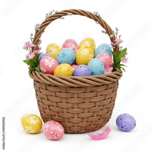 Easter Basket with Colorful Decorated Eggs Flowers