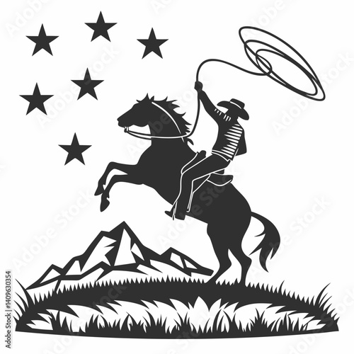 Western Cowboy Horse Roping Lasso Stars Mountains Silhouette Vector Art