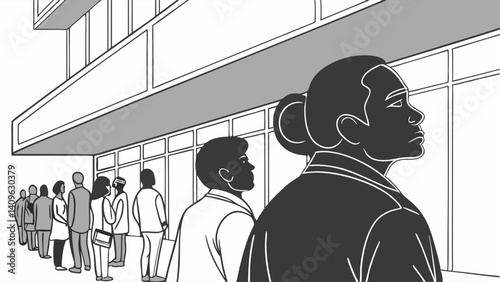 Long Line of People Waiting Black and White Urban Scene Drawing