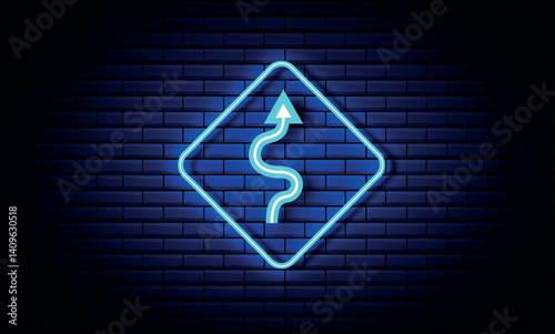 Neon arrow icon. Bright up Arrow sign. Indicator symbol. Neon Road sign. Blue and white Color arrow icon on black background. Stairs symbol