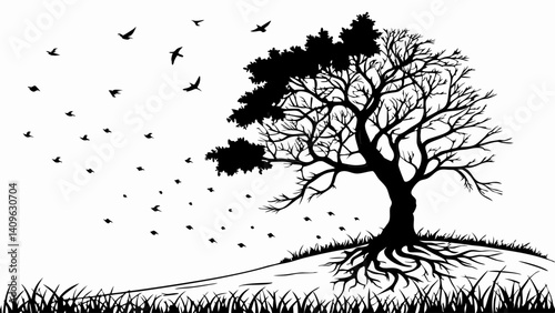 Fall Windy Tree Silhouette Birds Leaves Nature Graphic Art